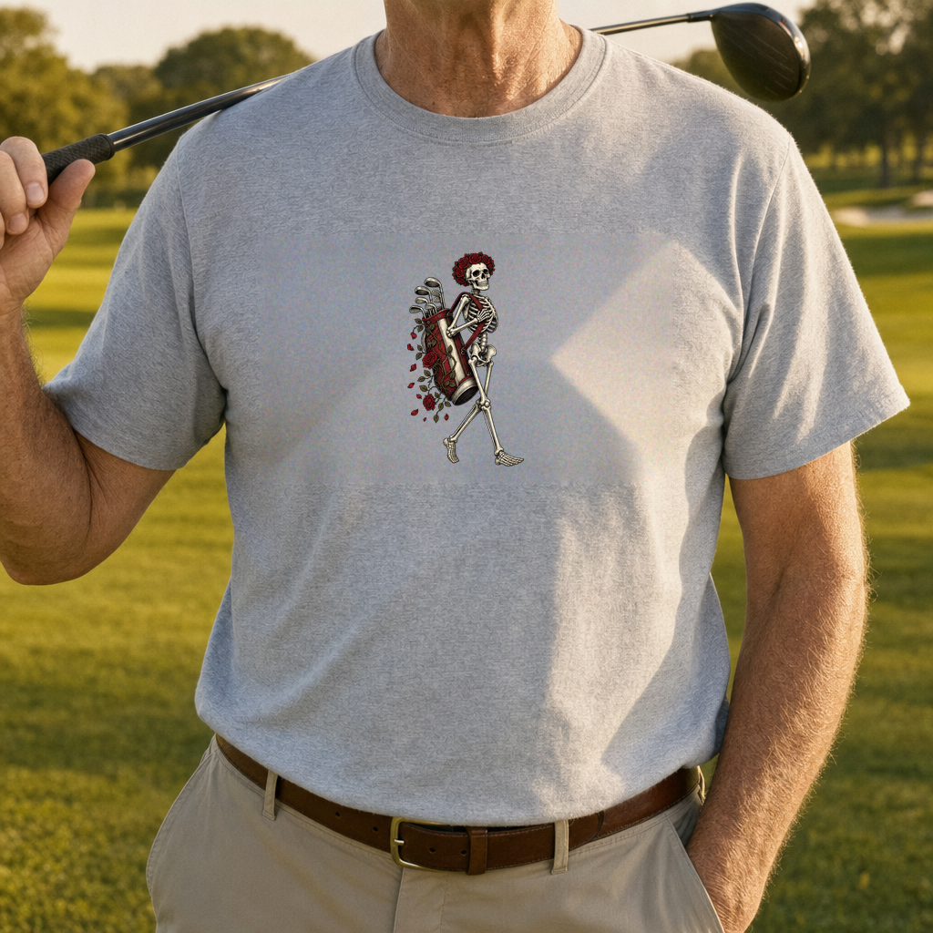 Rose Skeleton Caddy Tee worn on the golf course, Sport Grey