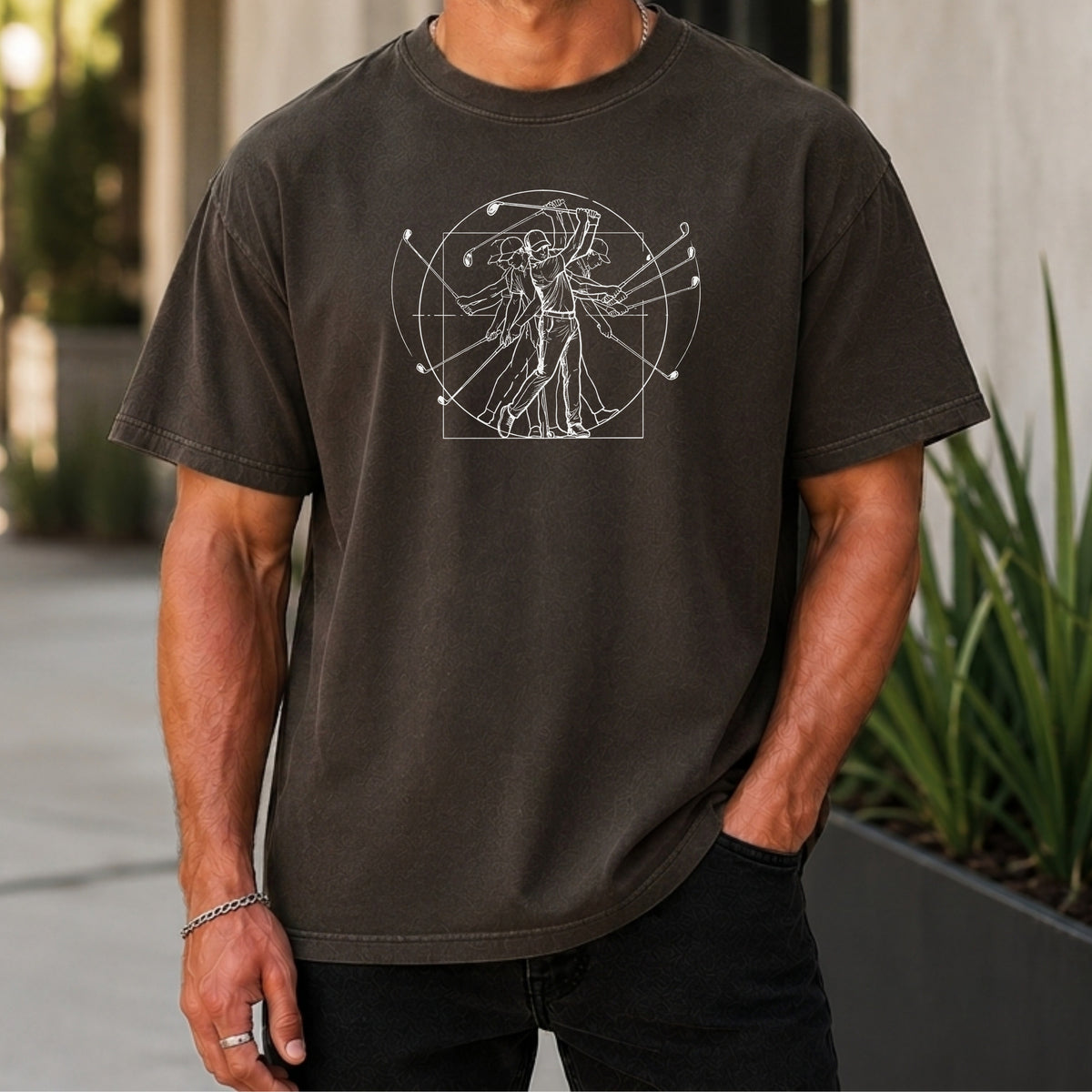 Vitruvian Man Swing Premium Tee worn, Pepper
