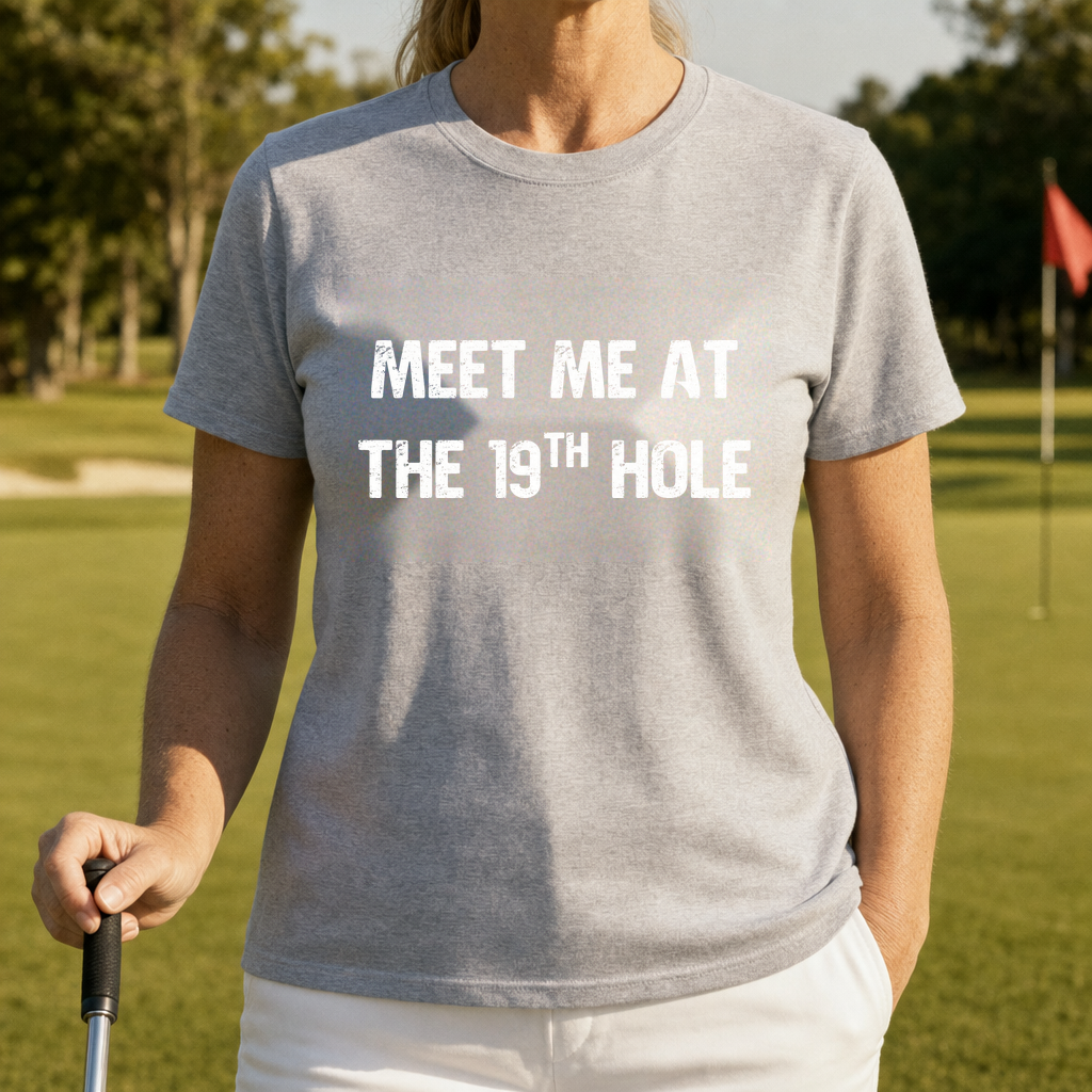 Meet Me At The 19th Hole Tee worn on the golf course, Sport Grey