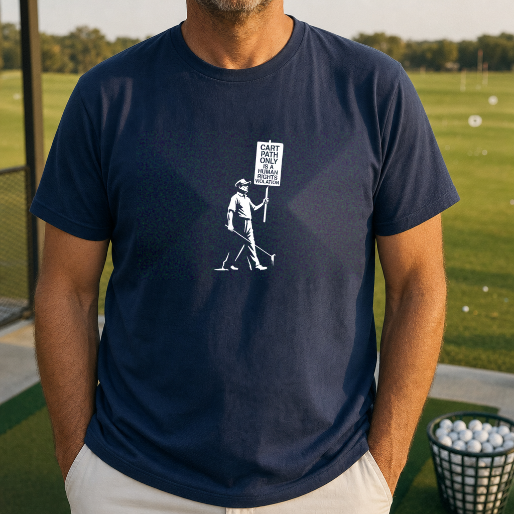 Human Rights Violation Tee worn on the golf course, Navy