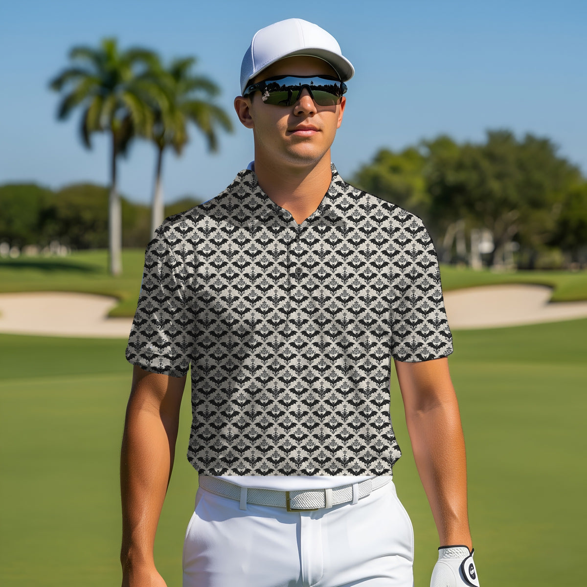 Gothic Bats Performance Print Polo worn on the golf course