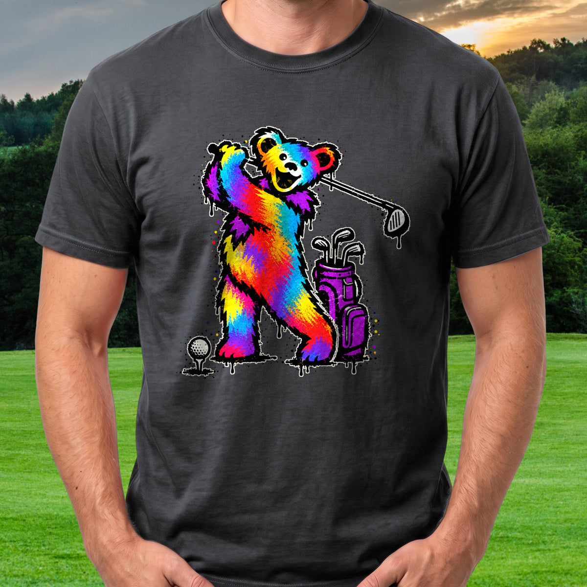 Long Strange Drive Street Art Tee worn on the golf course, Black