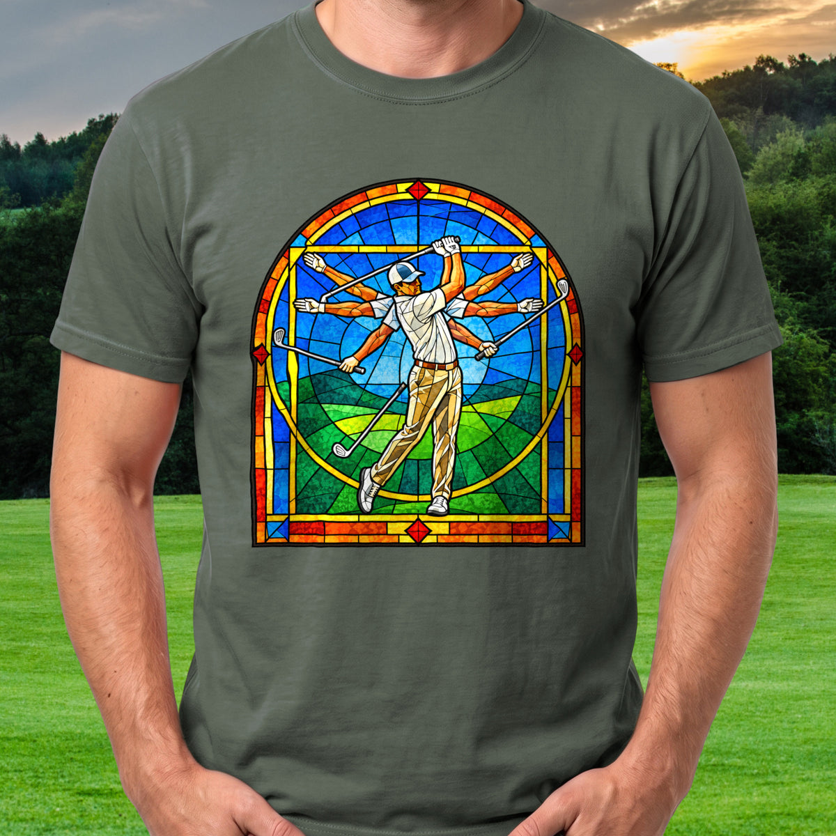 Da Vinci Swing Stained Glass Tee worn on the golf course, Military Green