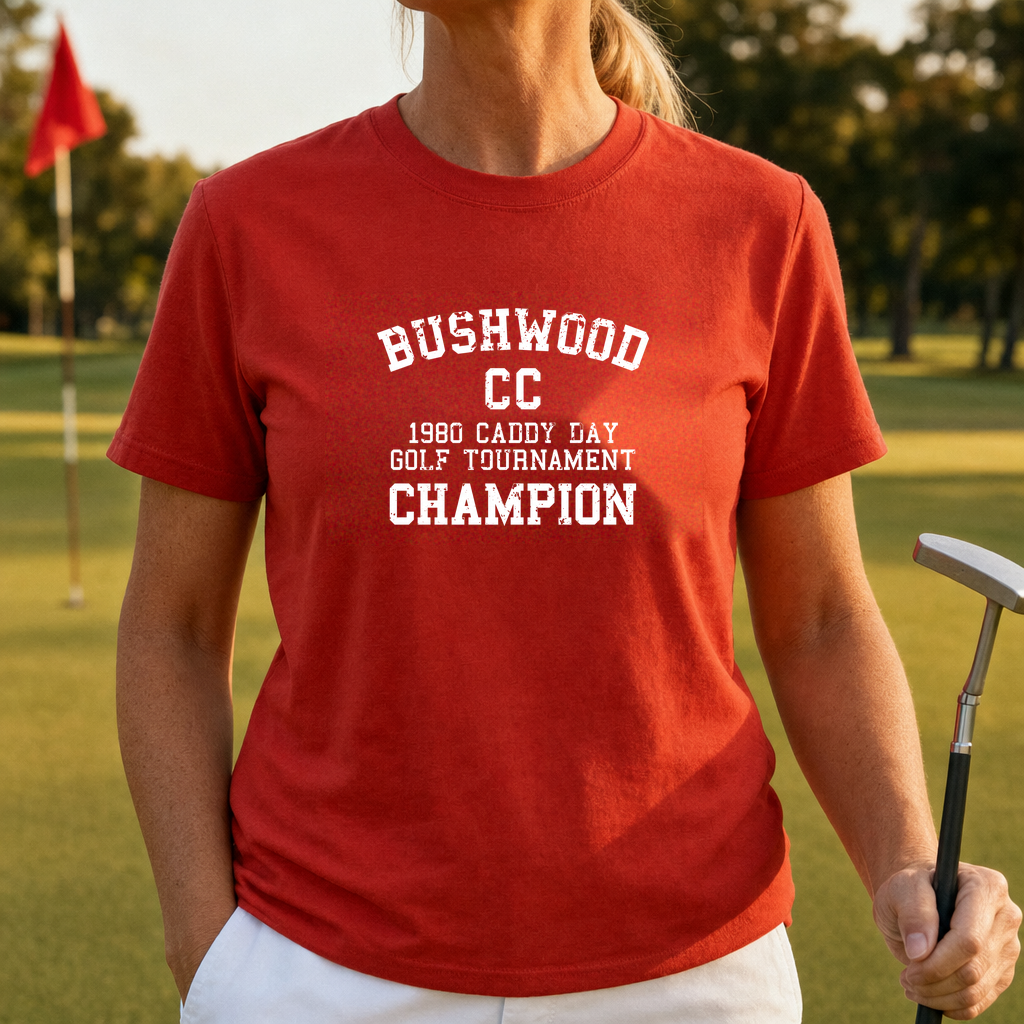 Bushwood Caddy Day Champion Tee worn on the golf course, Red
