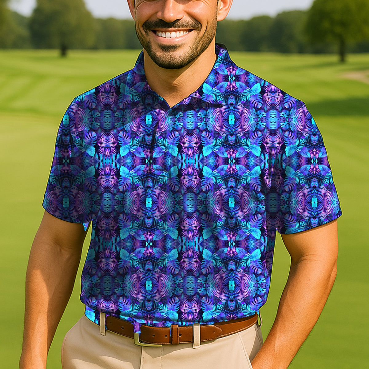 Neon Jungle Performance Print Polo worn on the golf course