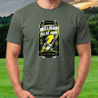 Powered By Mulligans And False Hope Tee worn on the golf course, Military Green