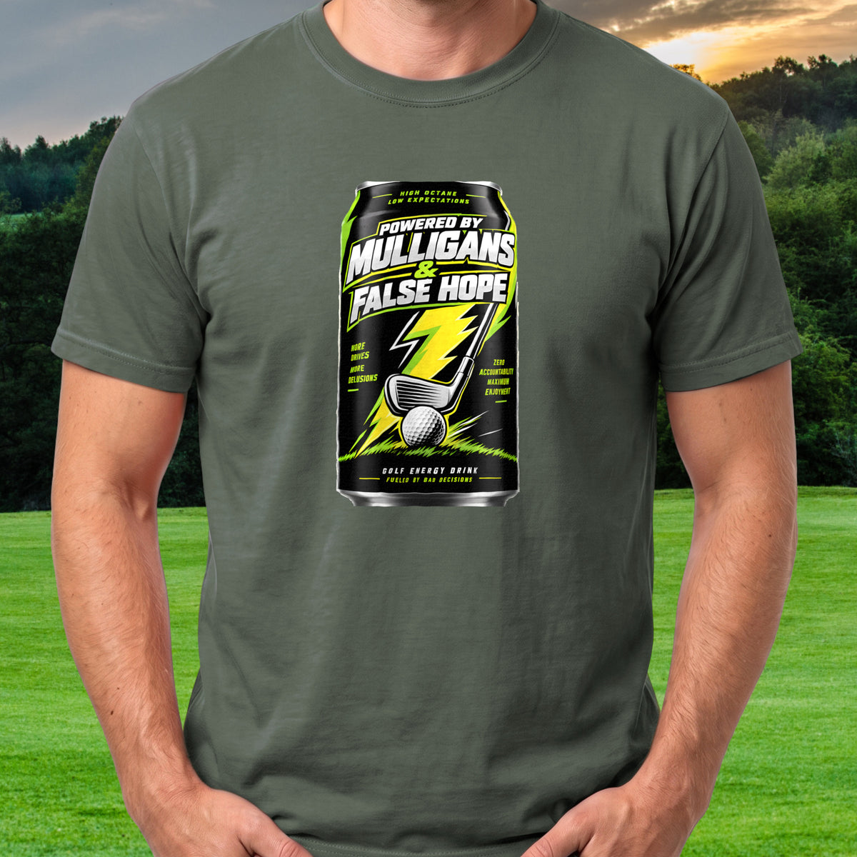 Powered By Mulligans And False Hope Tee worn on the golf course, Military Green