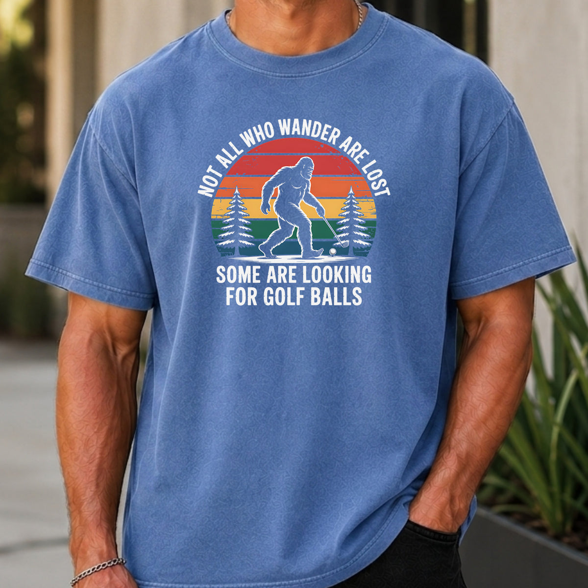 Wandering Sasquatch Premium Tee worn, Mystic Blue