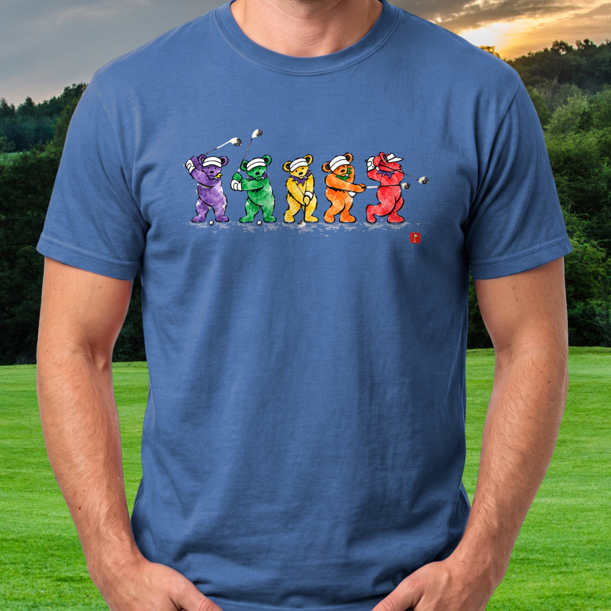 Golf Swing Bears Ink Wash Tee worn on the golf course, Royal
