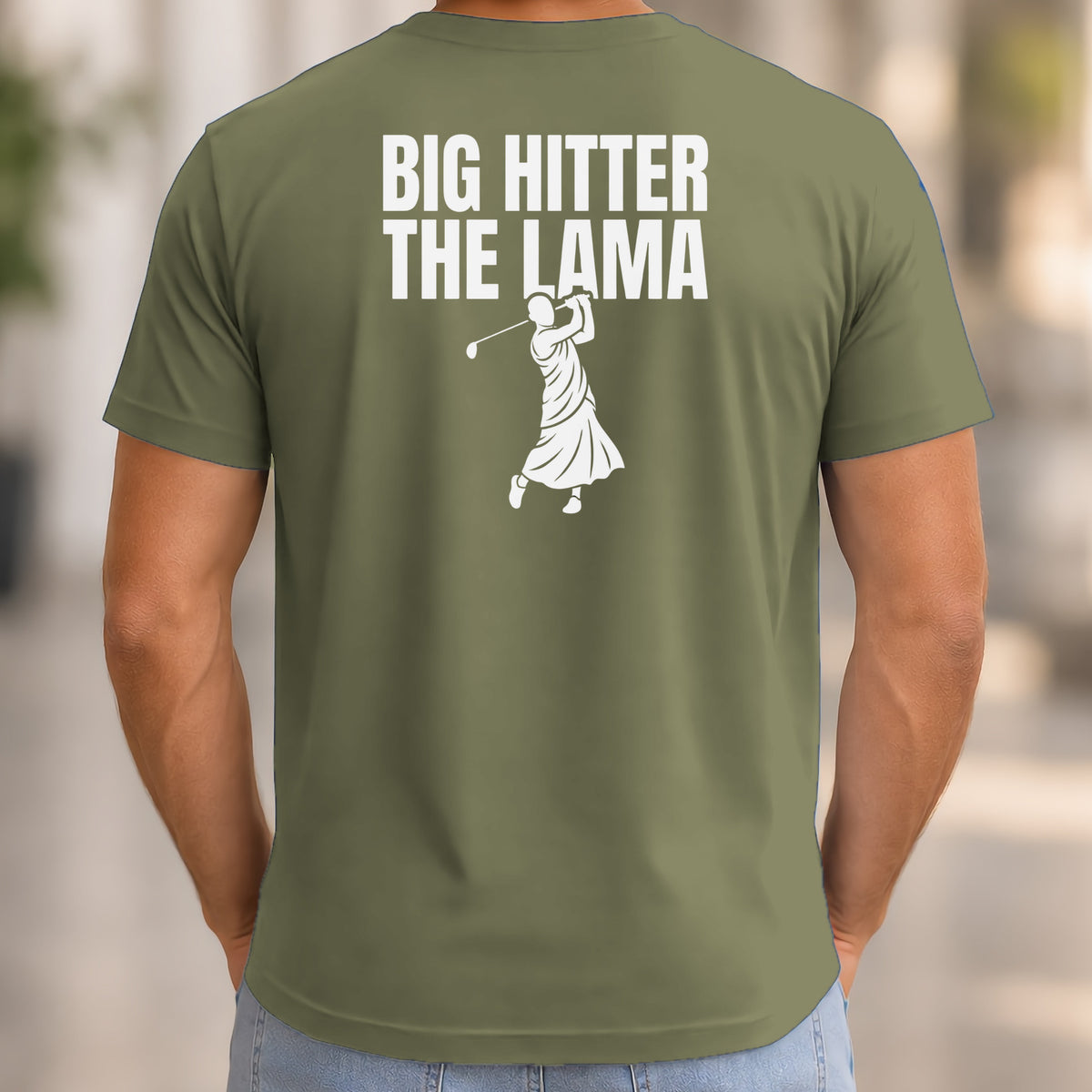 Big Hitter Back Print Tee worn, Military Green