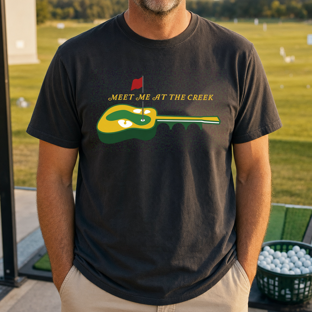 Meet Me At The Creek Heavyweight Tee worn on the golf course, Moss