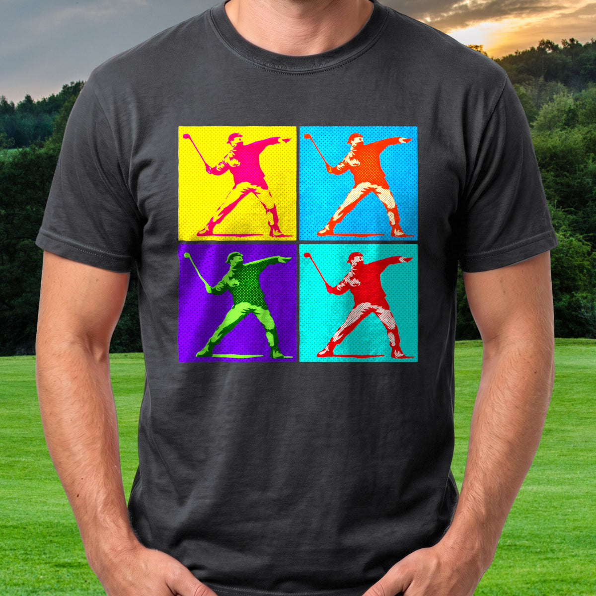 Club Thrower Pop Art Grid Tee worn on the golf course, Black