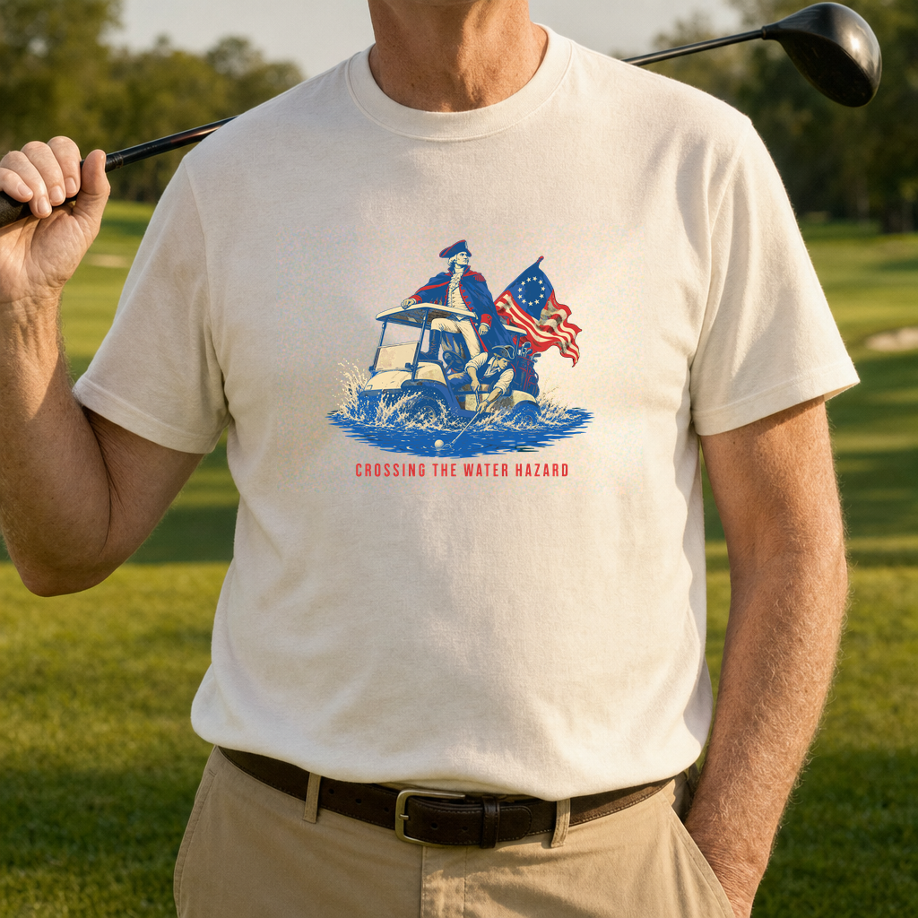 Crossing The Water Hazard Flag Tee worn on the golf course, Natural