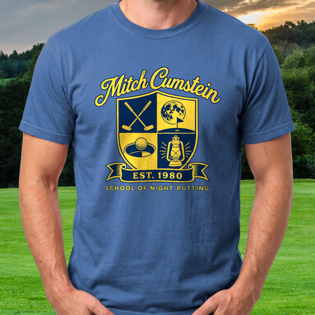 Mitch Cumstein School Crest Tee worn on the golf course, Royal