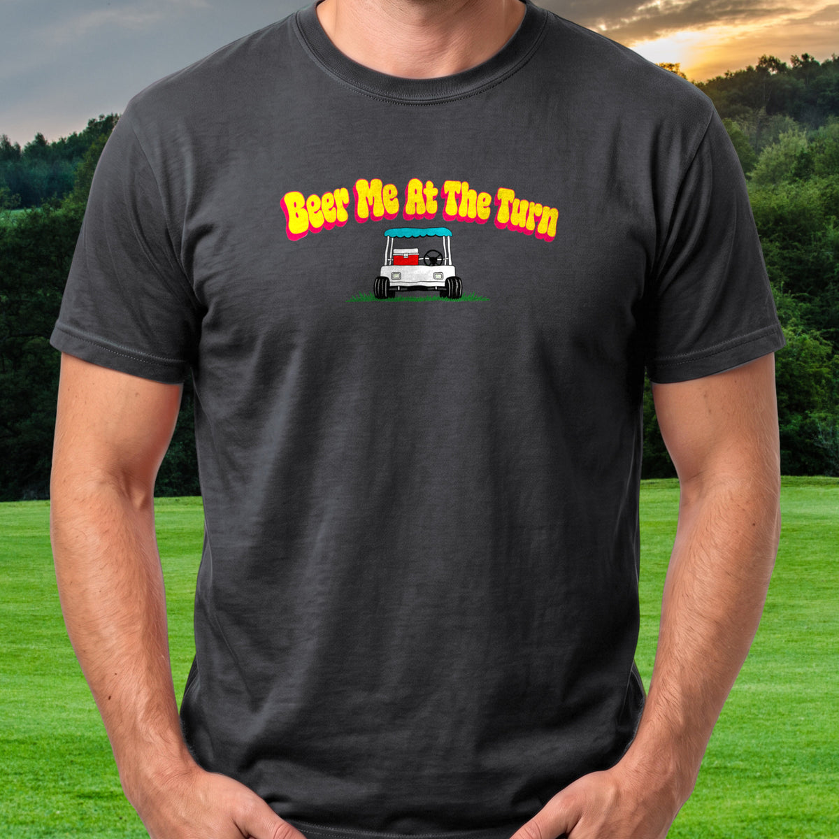 Beer Me At The Turn Tee worn on the golf course, Black