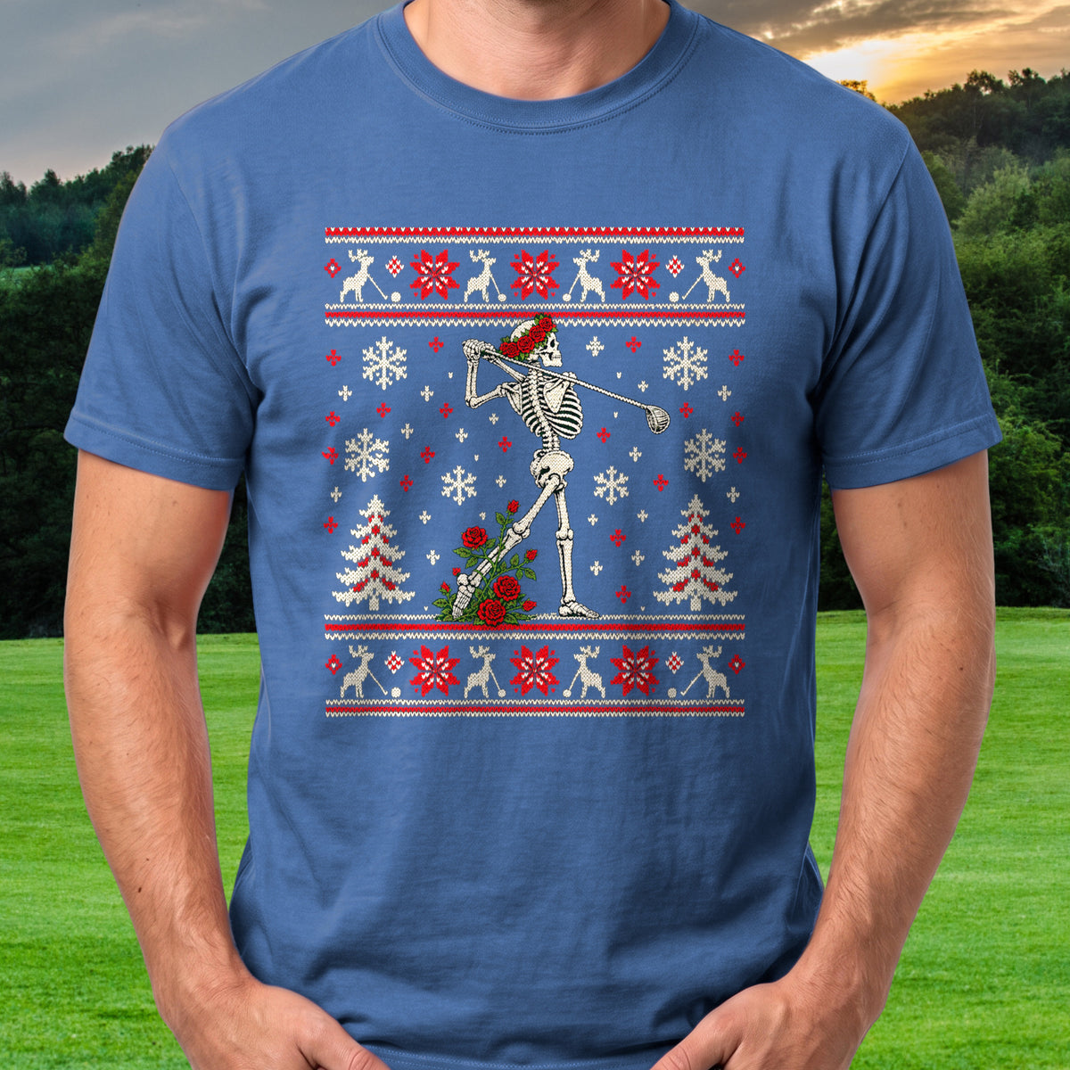 Rose Follow Through Ugly Sweater Tee worn on the golf course, Royal