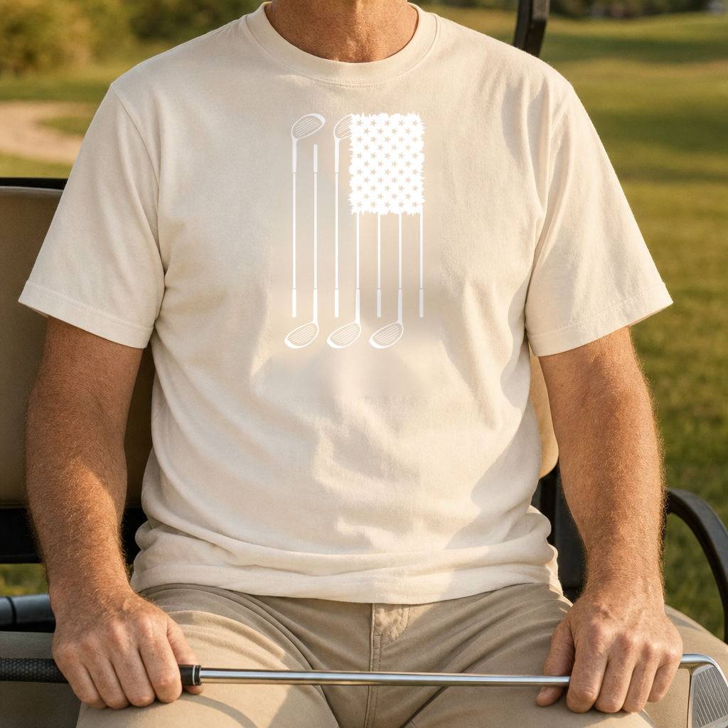 USA Flag Clubs & Stars Heavyweight Tee worn on the golf course, Ivory