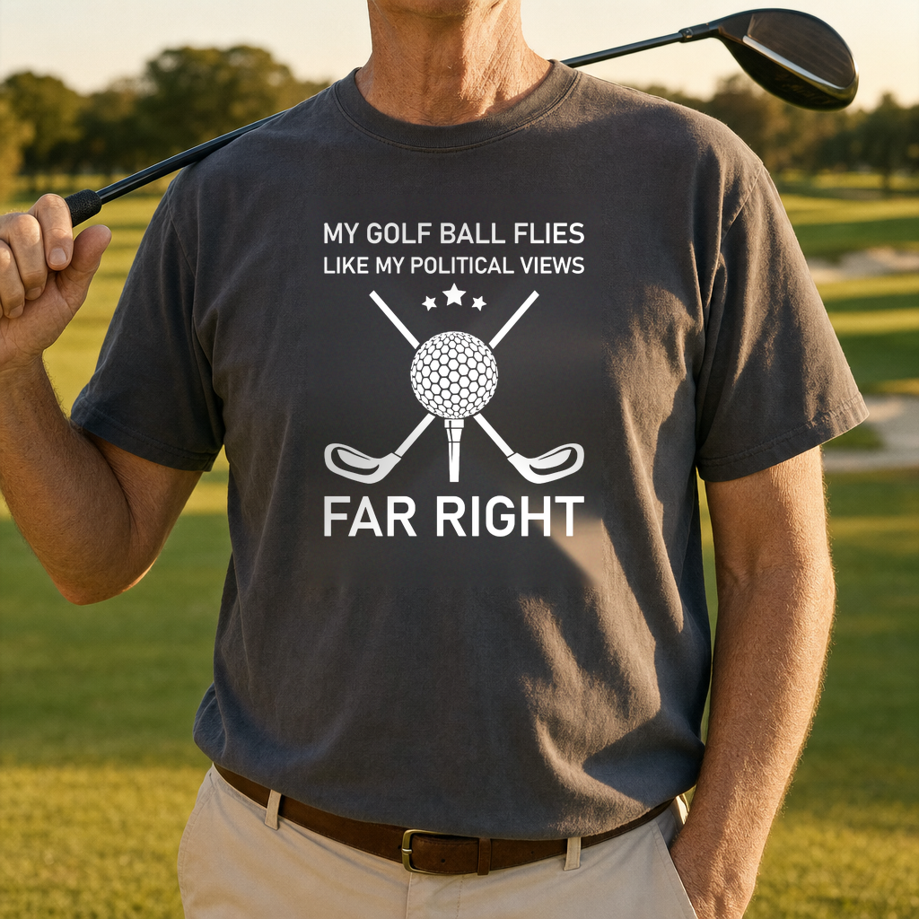 Far Right Heavyweight Tee worn on the golf course, Pepper
