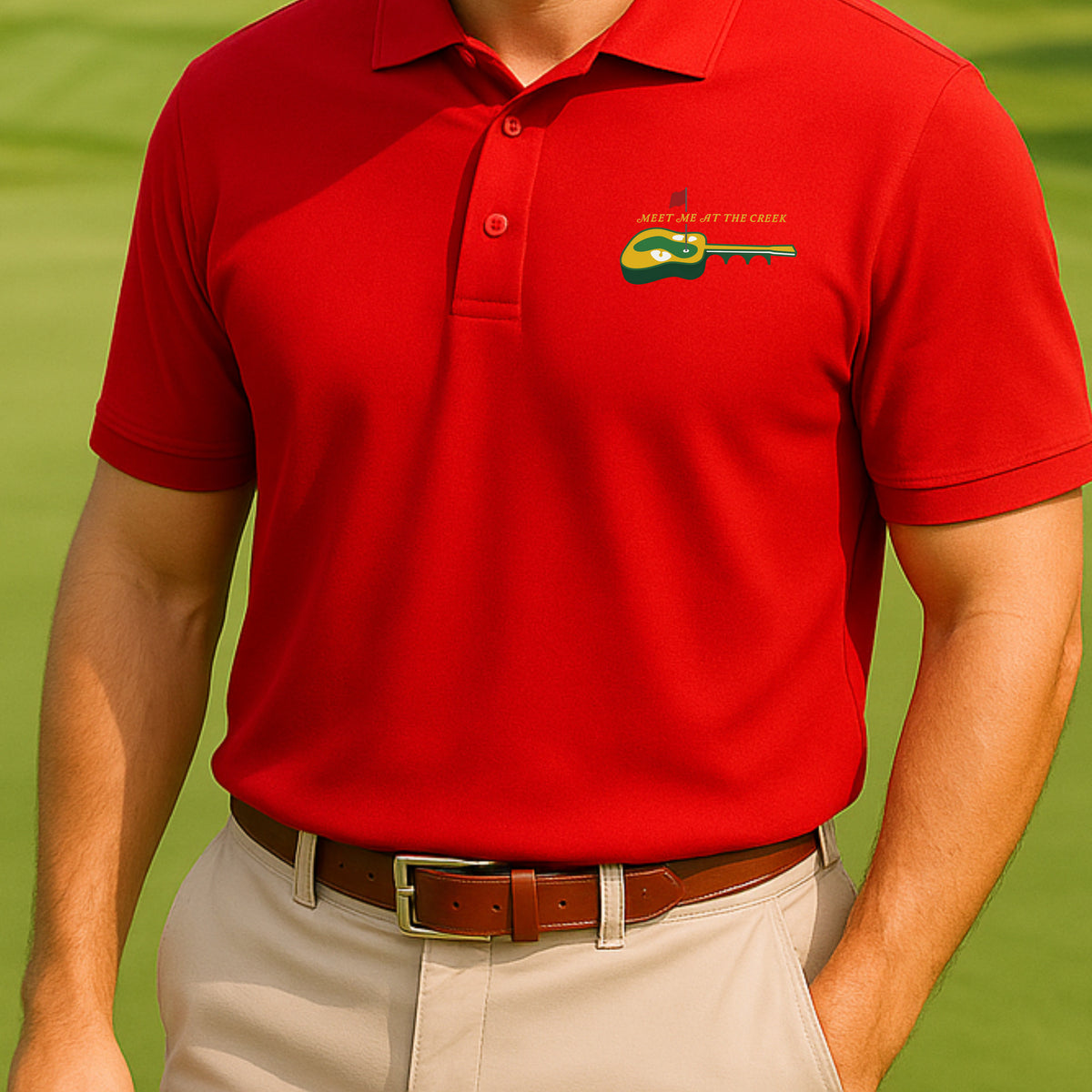 Meet Me At The Creek Performance Polo worn on the golf course, Red