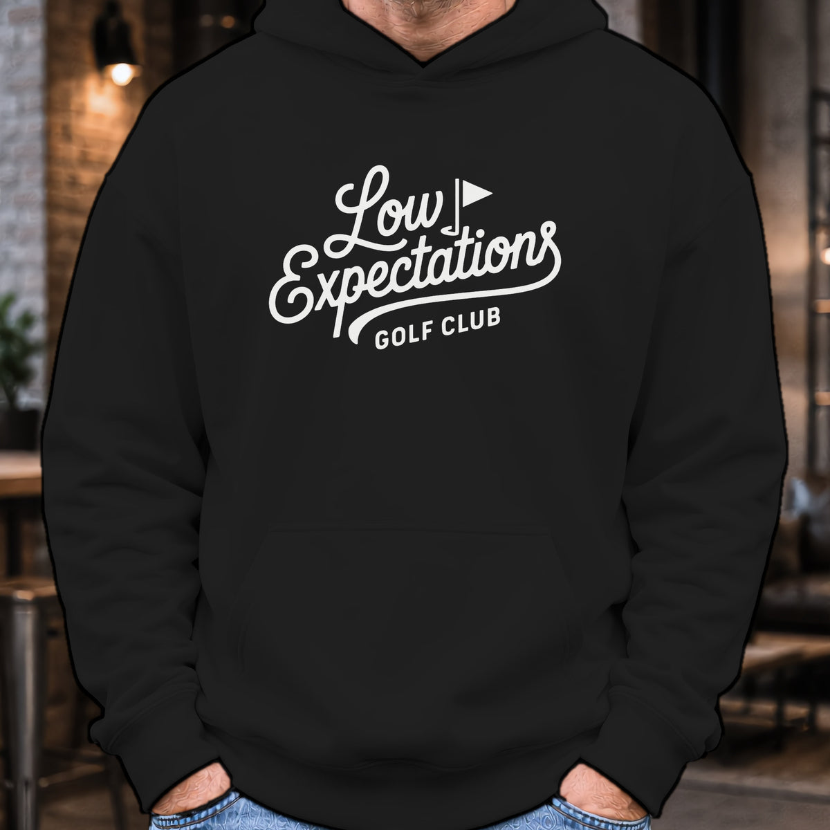 Low Expectations Club Hoodie worn, Black