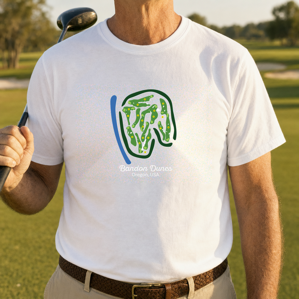 Bandon Dunes Course Map Tee worn on the golf course, White