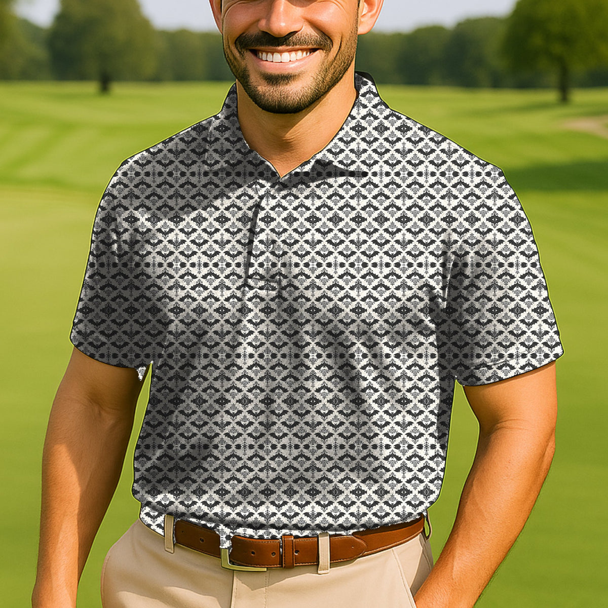 Gothic Bats Performance Print Polo worn on the golf course