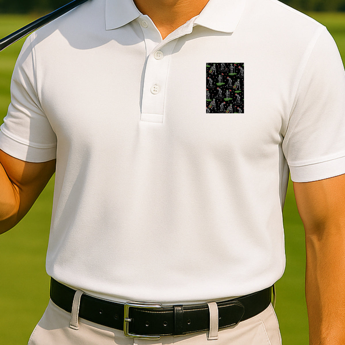 Skeleton Caddie Polo worn on the golf course, White