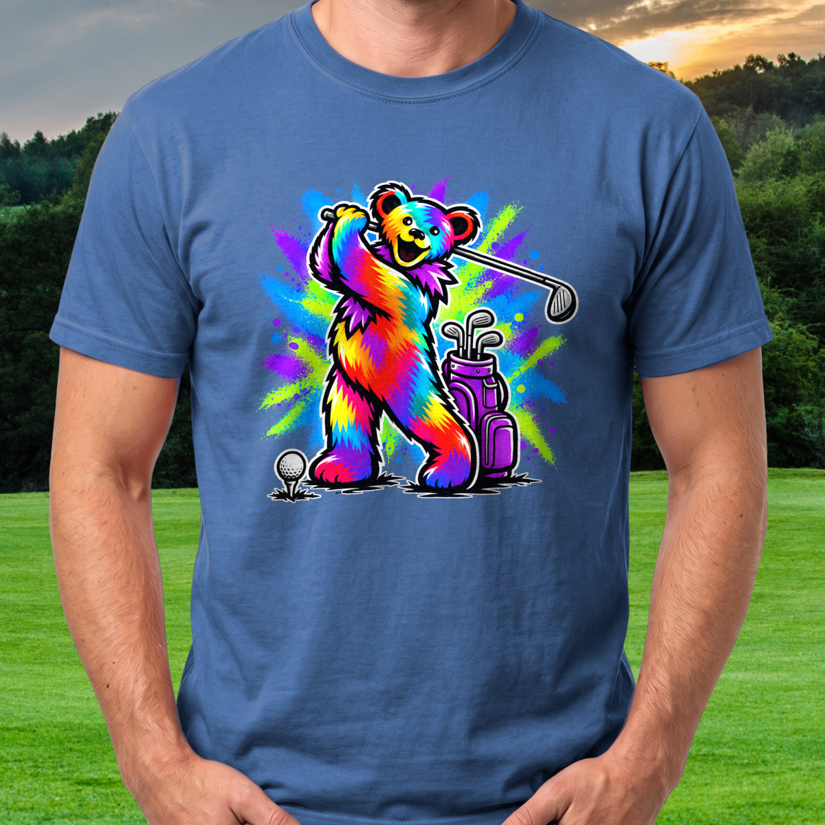Long Strange Drive Graffiti Tee worn on the golf course, Royal