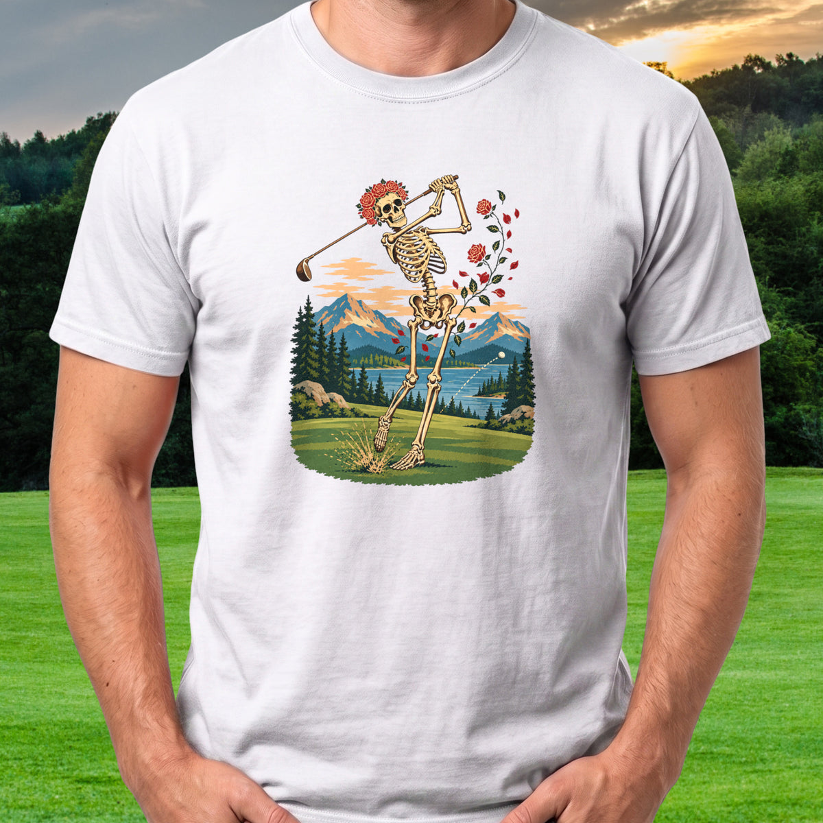Rose Skeleton Travel Poster Tee worn on the golf course, White