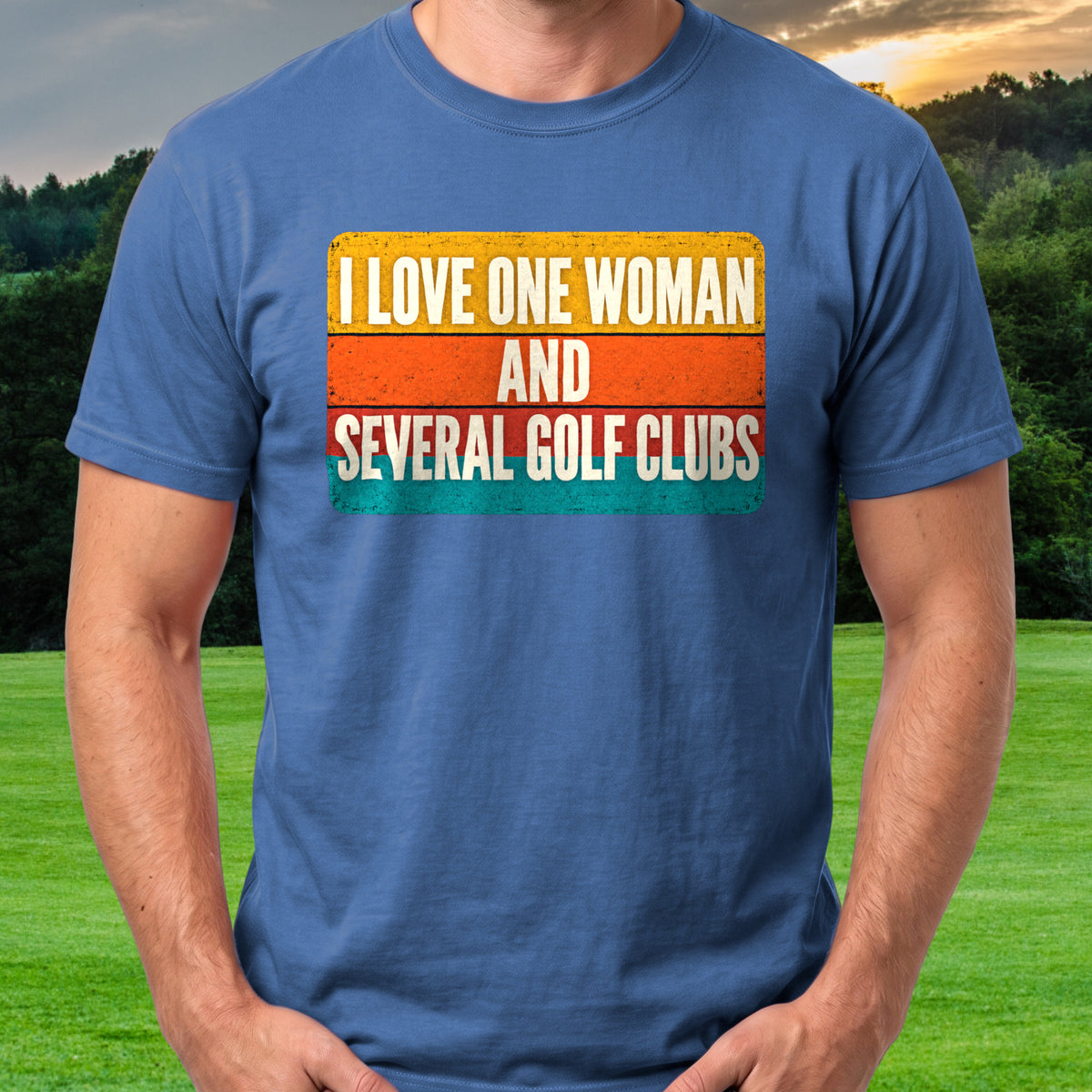 I Love One Woman Retro Stripes Tee worn on the golf course, Royal