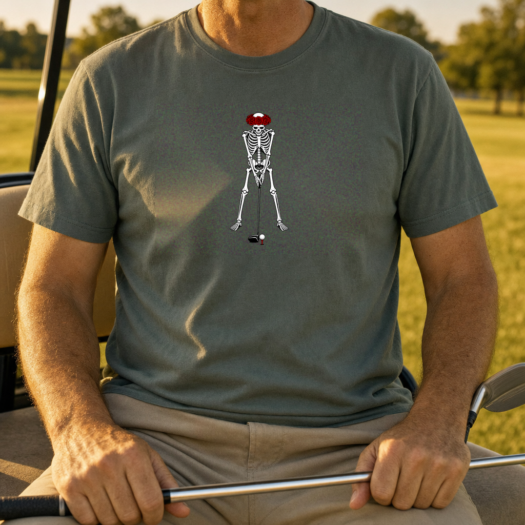 Rose Skeleton's Ready Position Tee worn on the golf course, Military Green
