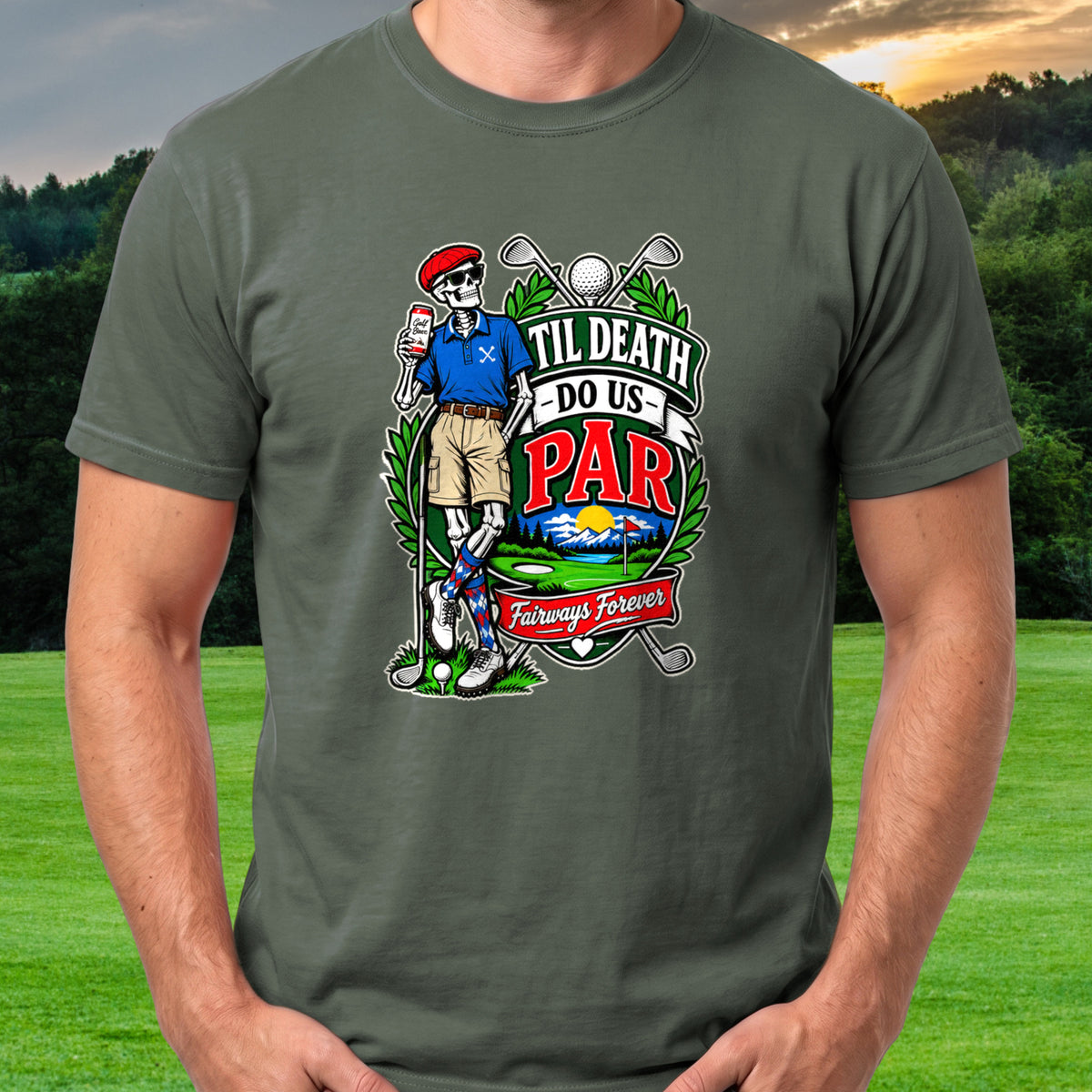 Fairways Forever Tee worn on the golf course, Military Green