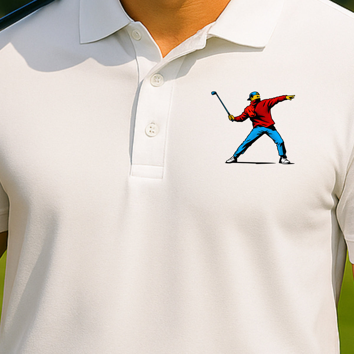 Club Thrower Pop Art Performance Polo worn on the golf course, White