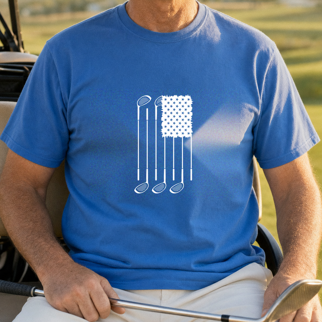 USA Flag Clubs & Stars Tee worn on the golf course, Royal