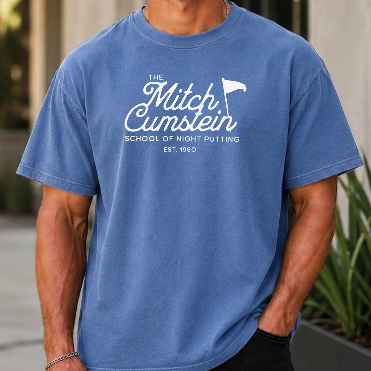 Mitch Cumstein School Of Night Putting Premium Tee worn, Mystic Blue