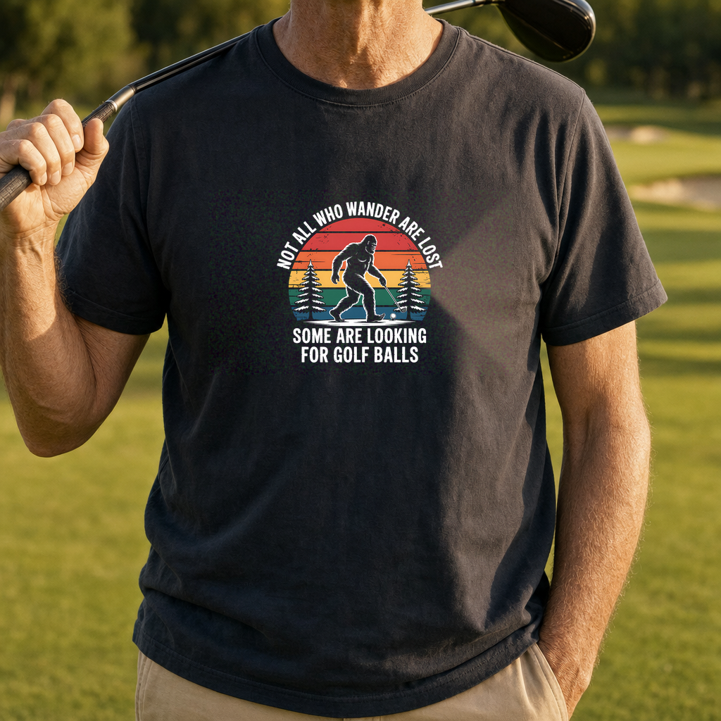 Wandering Sasquatch Heavyweight Tee worn on the golf course, Mystic Blue