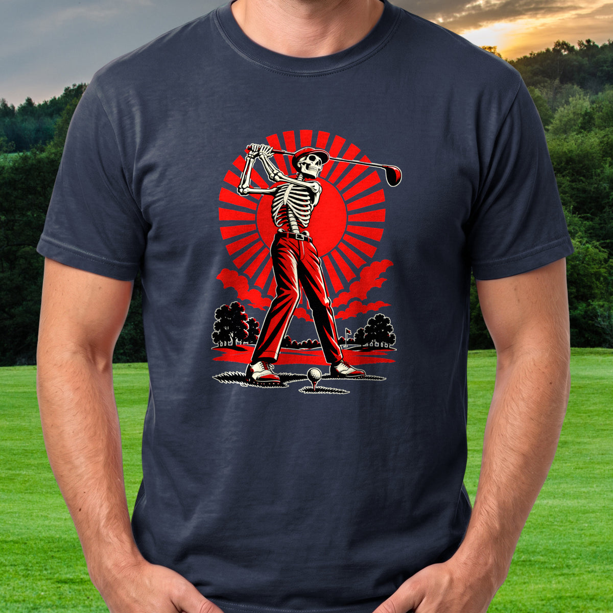 Red Sun Skeleton Tee worn on the golf course, Navy