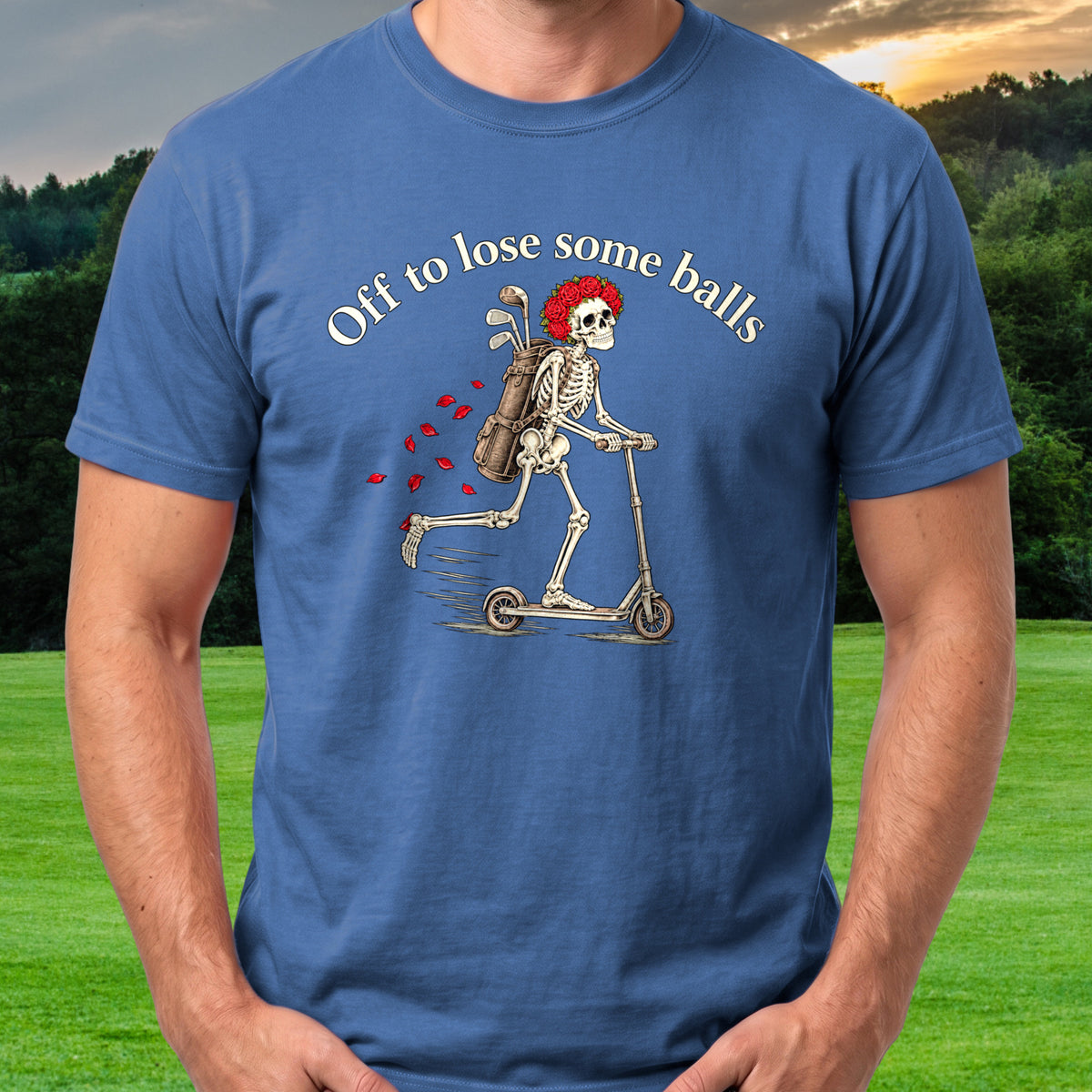 Off To Lose Some Balls Tee worn on the golf course, Royal