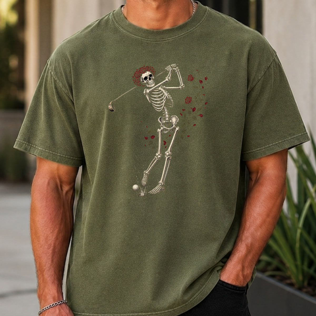 Rose Skeleton Swing Premium Tee worn, Moss