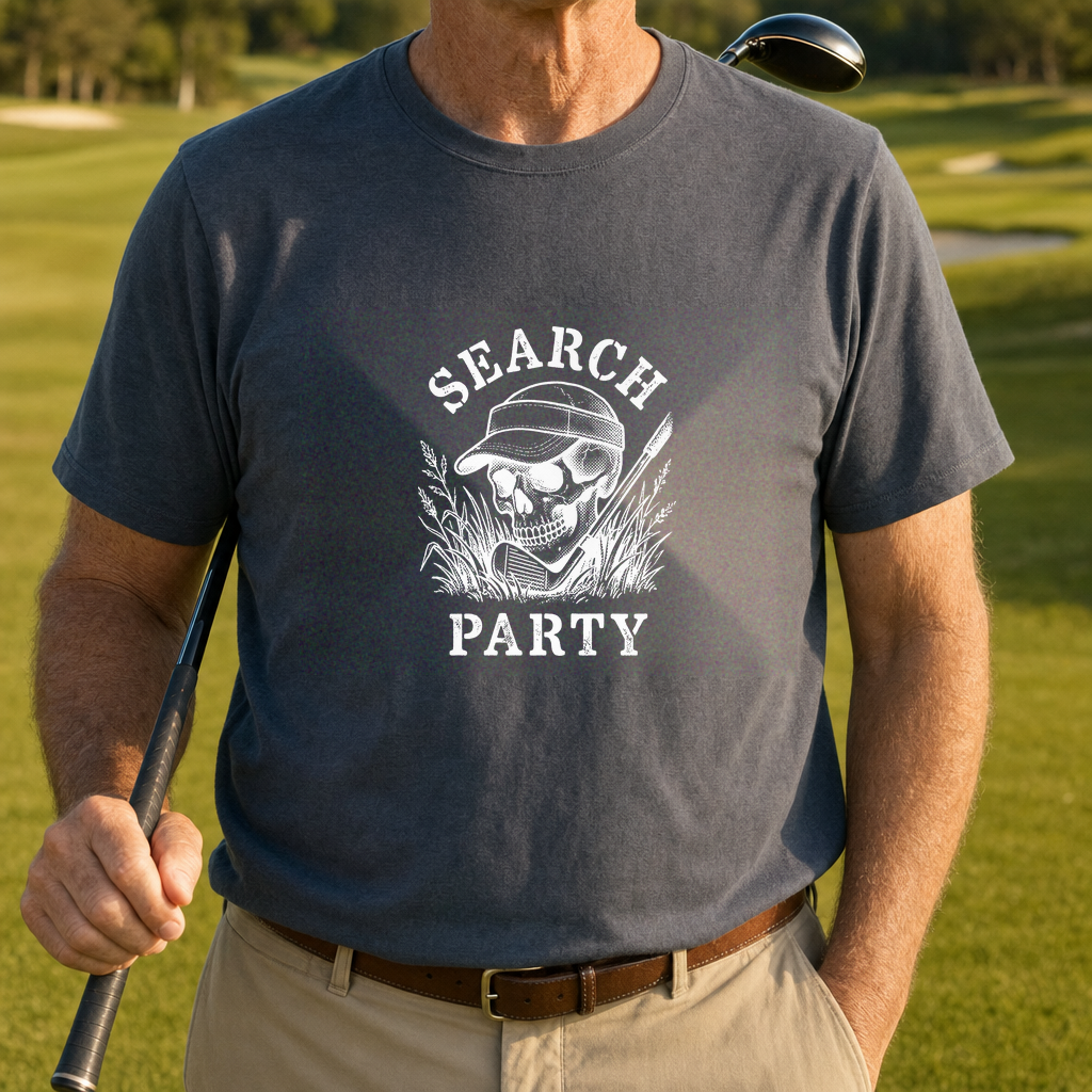 Search Party Tee worn on the golf course, Dark Heather