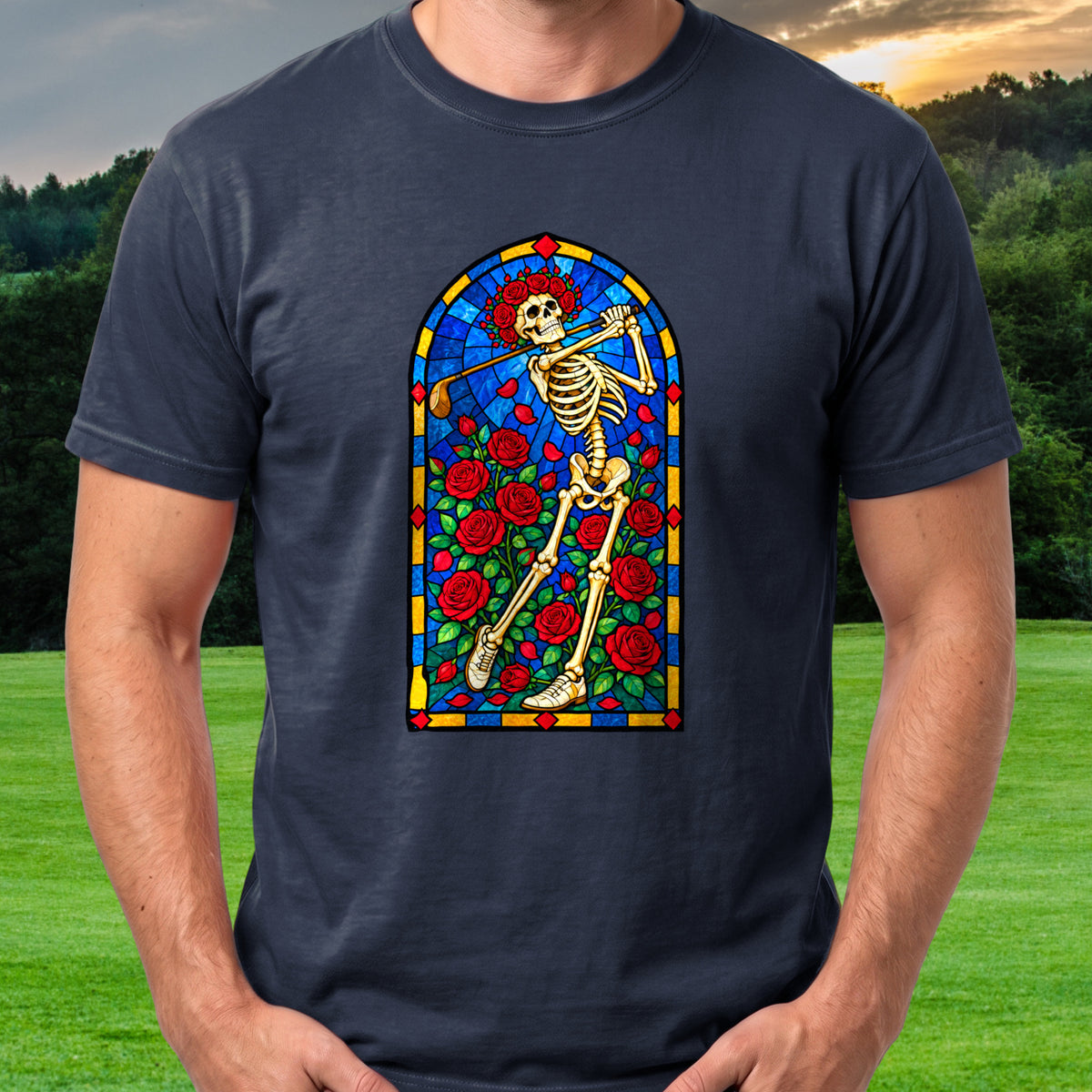 Swing Eternal Stained Glass Tee worn on the golf course, Navy