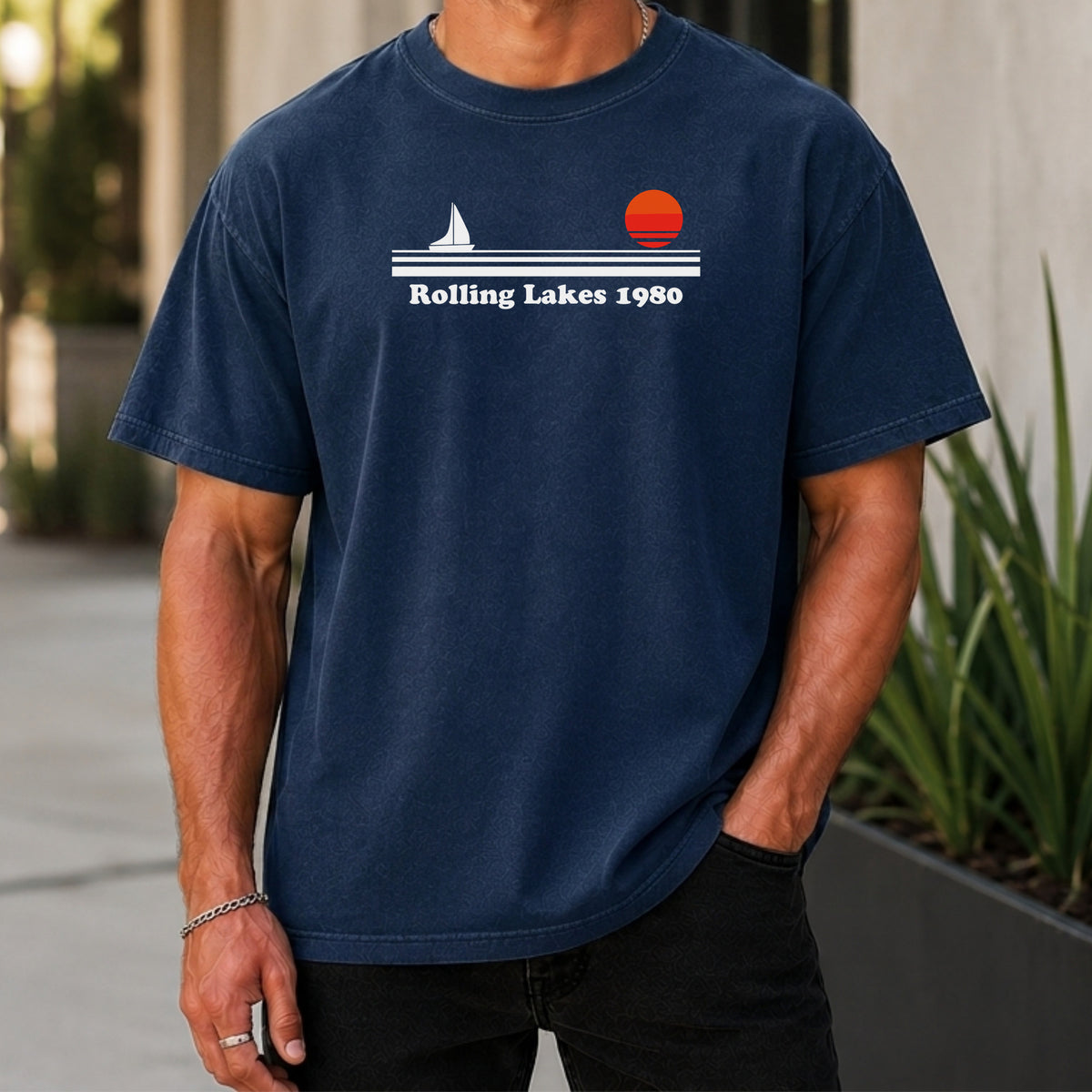 Rolling Lakes Yacht Club 1980 Premium Tee worn, True Navy