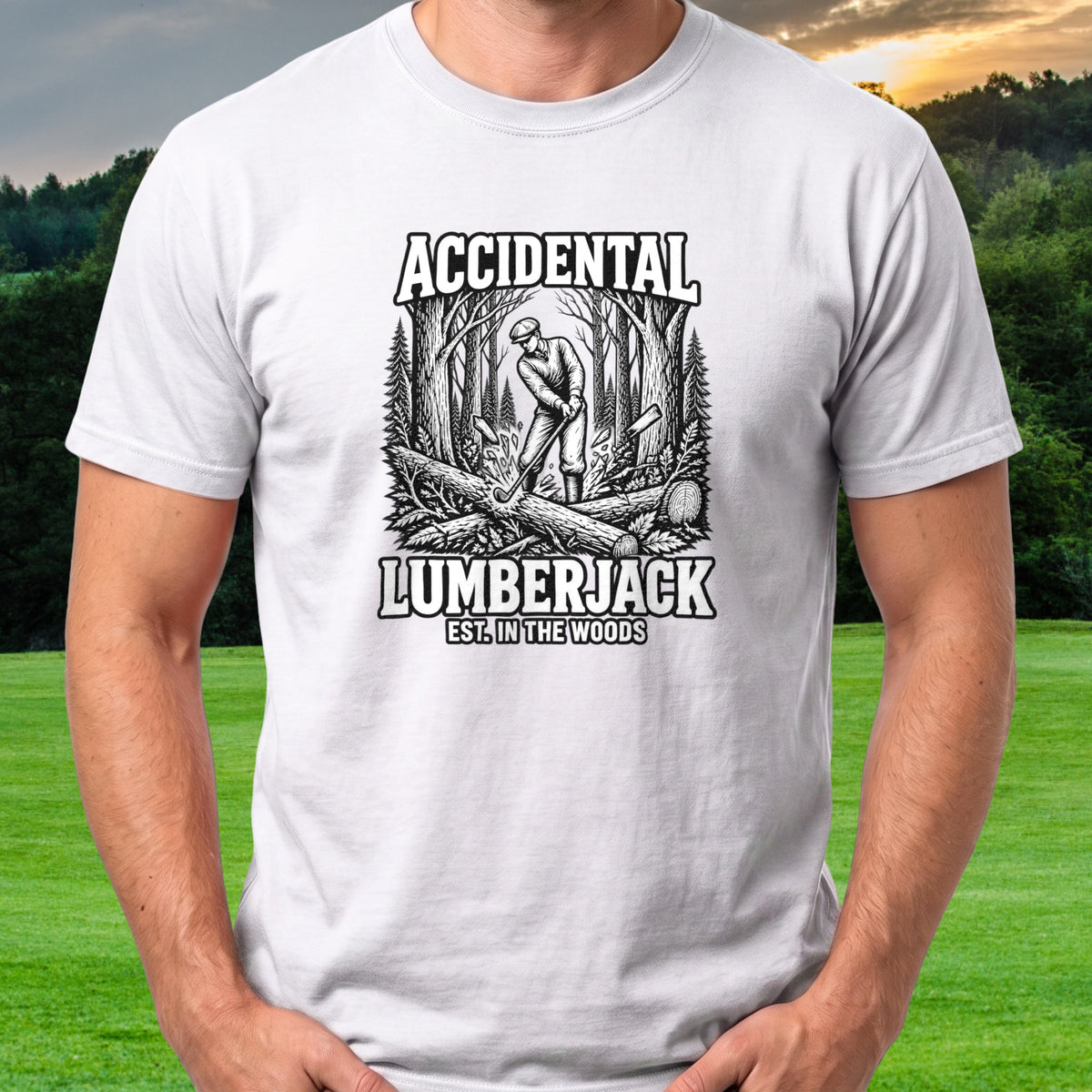 Accidental Lumberjack Tee worn on the golf course, White