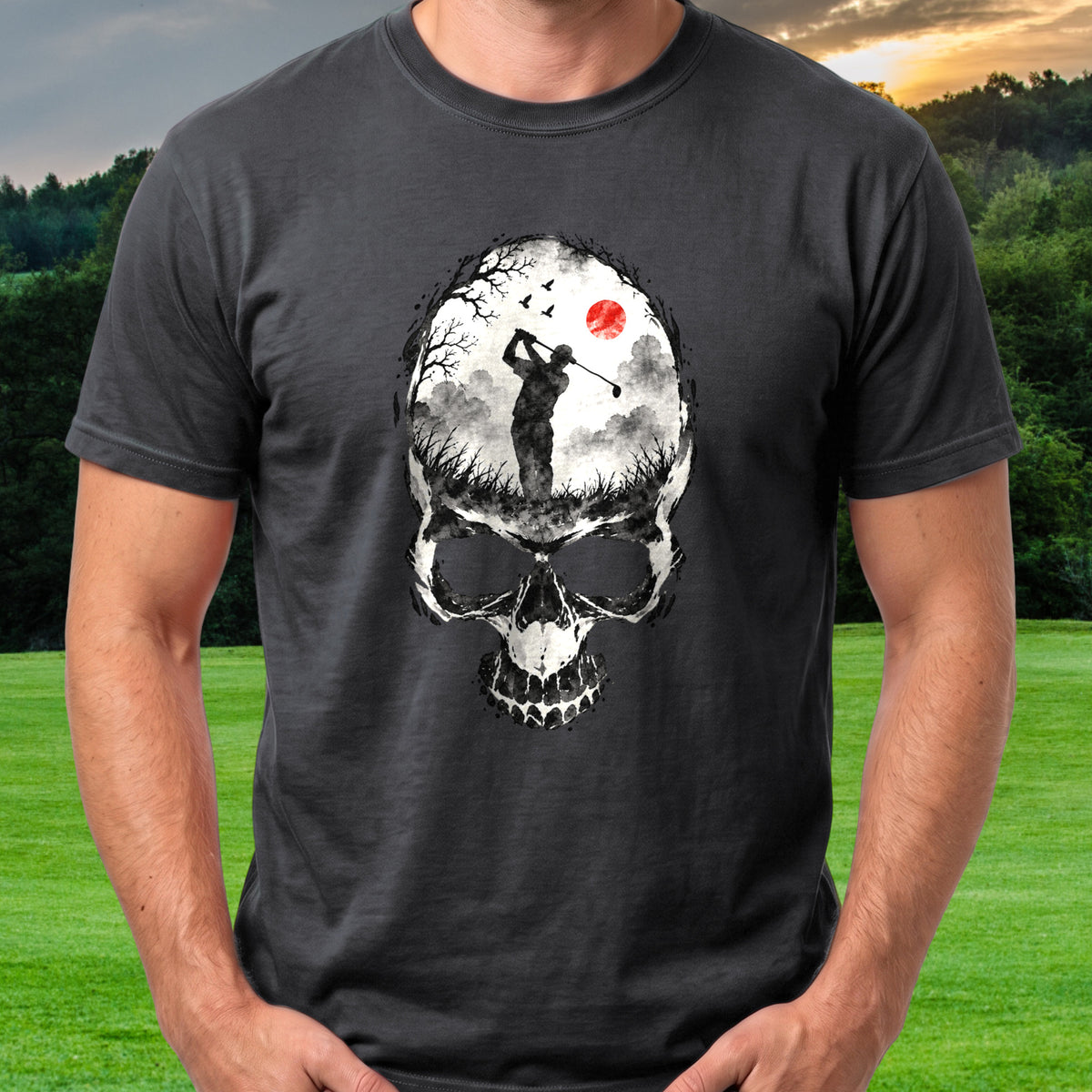 Ink Wash Skull Tee worn on the golf course, Black