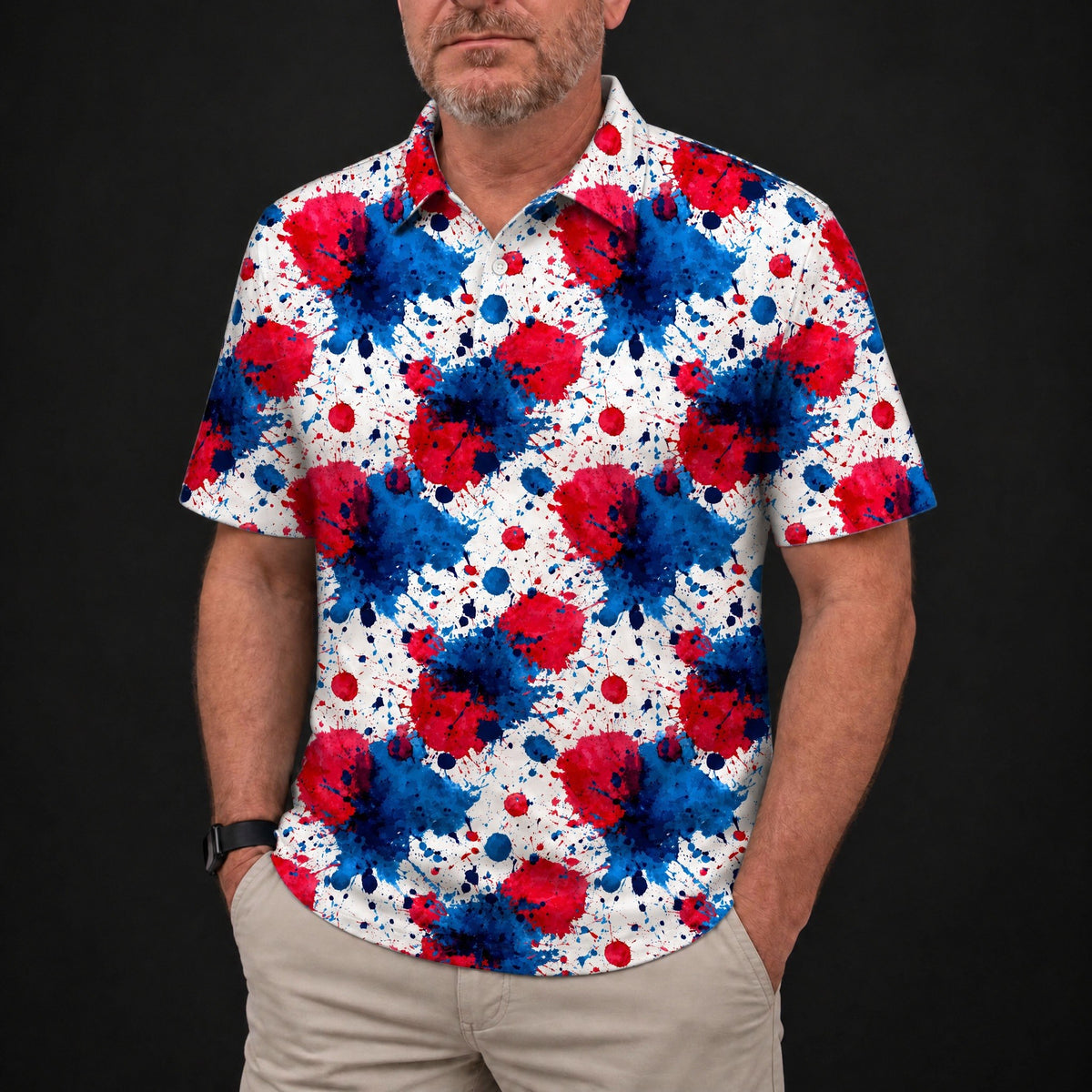 Patriot Splatter Performance Print Polo worn, front view
