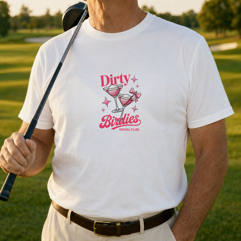 Dirty Birdies Tee worn on the golf course, White