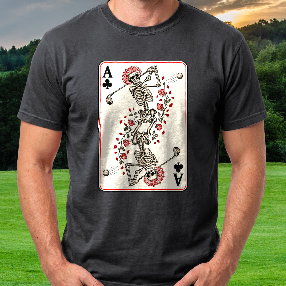Rose Skeleton Ace Of Clubs Tee worn on the golf course, Black