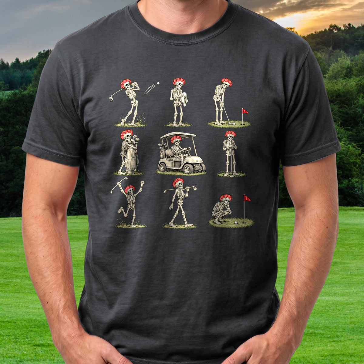 Rose Skeleton Golf Grid Tee worn on the golf course, Black
