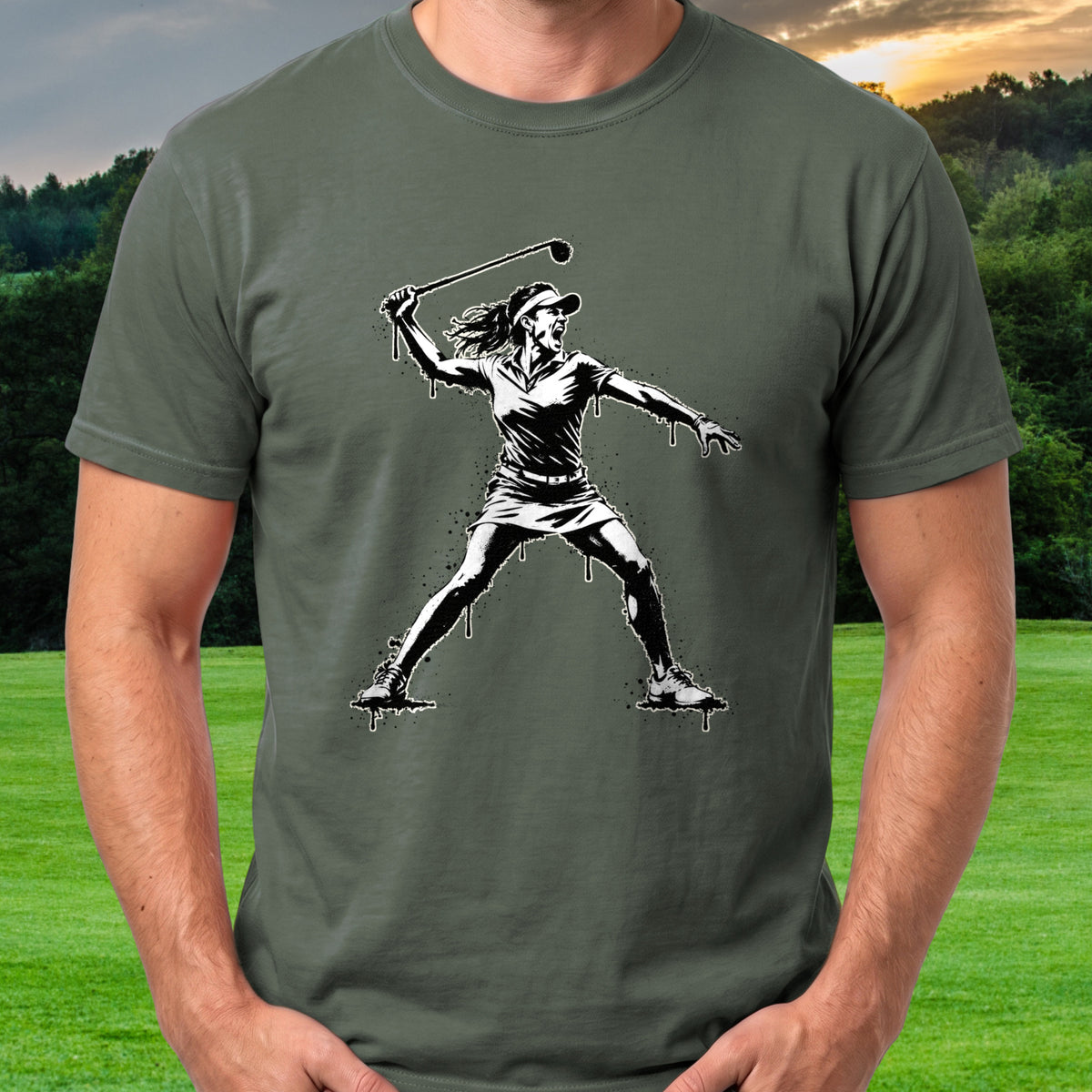 Angry Female Golfer Drip Tee worn on the golf course, Military Green