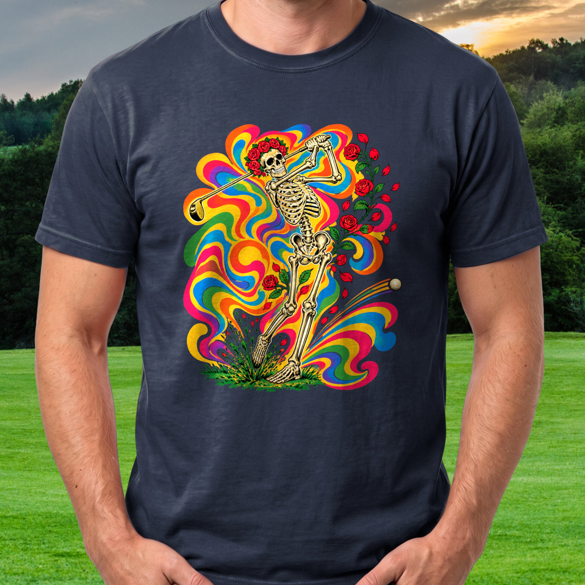 Rose Skeleton Tie Dye Tee worn on the golf course, Navy